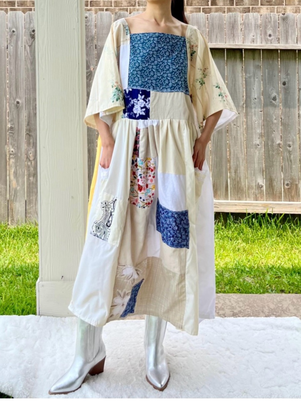 Earth-Toned | Handmade Quilted Patchwork Dress SKU 05216 One Size Fits All - Picture 7 of 11